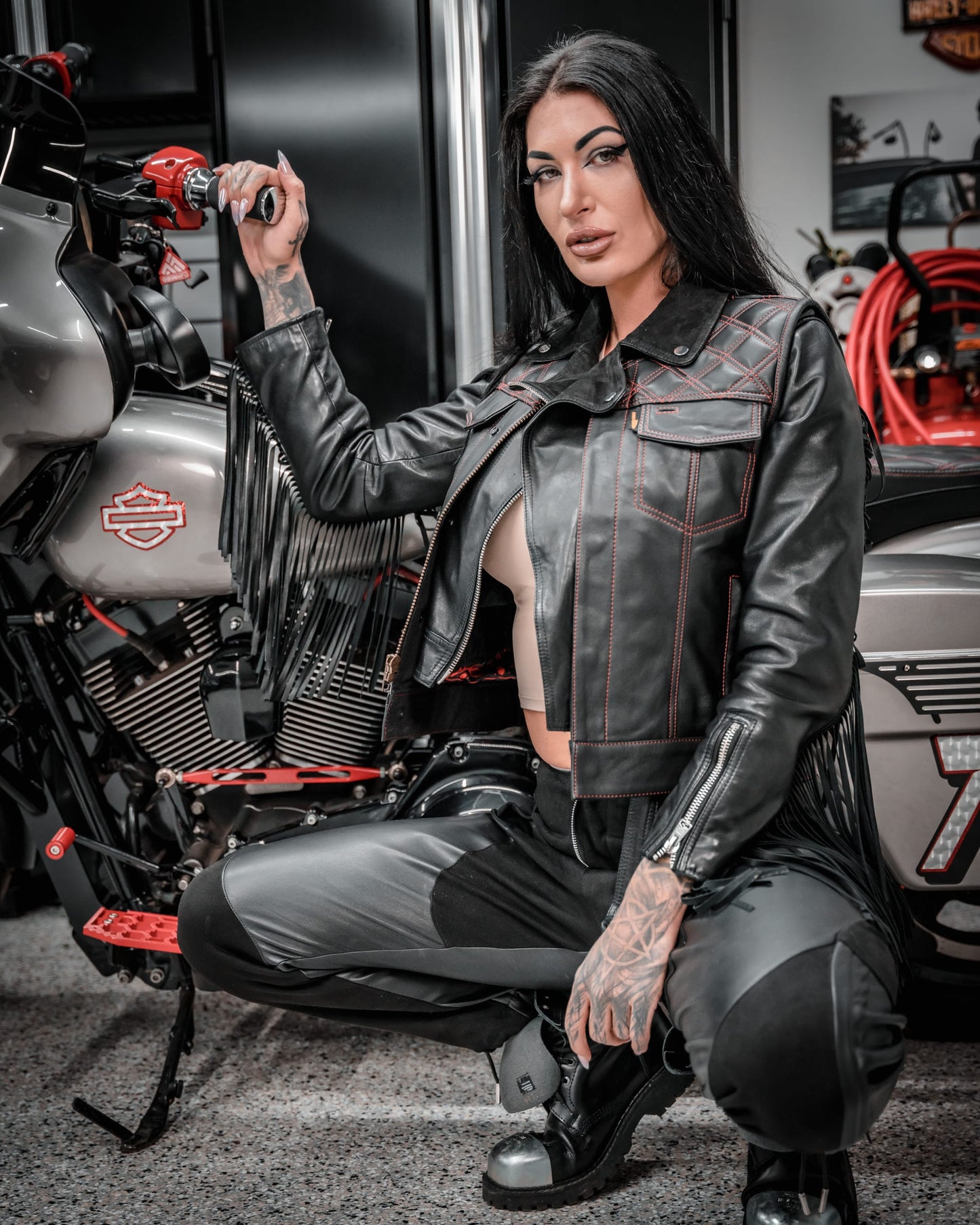 Women's Moto Vest - Black Leather/Red Stitch