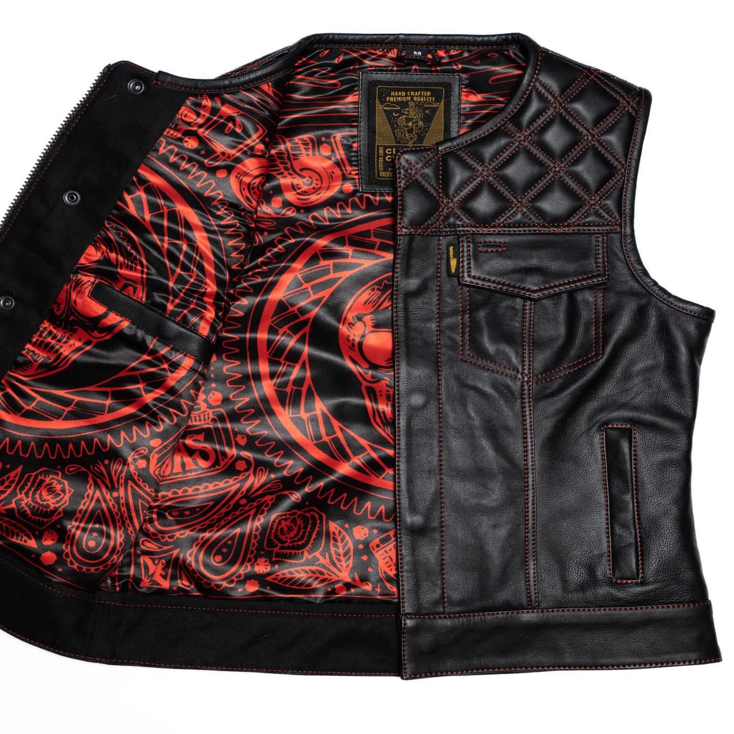 Women's Moto Vest - Black Leather/Red Stitch
