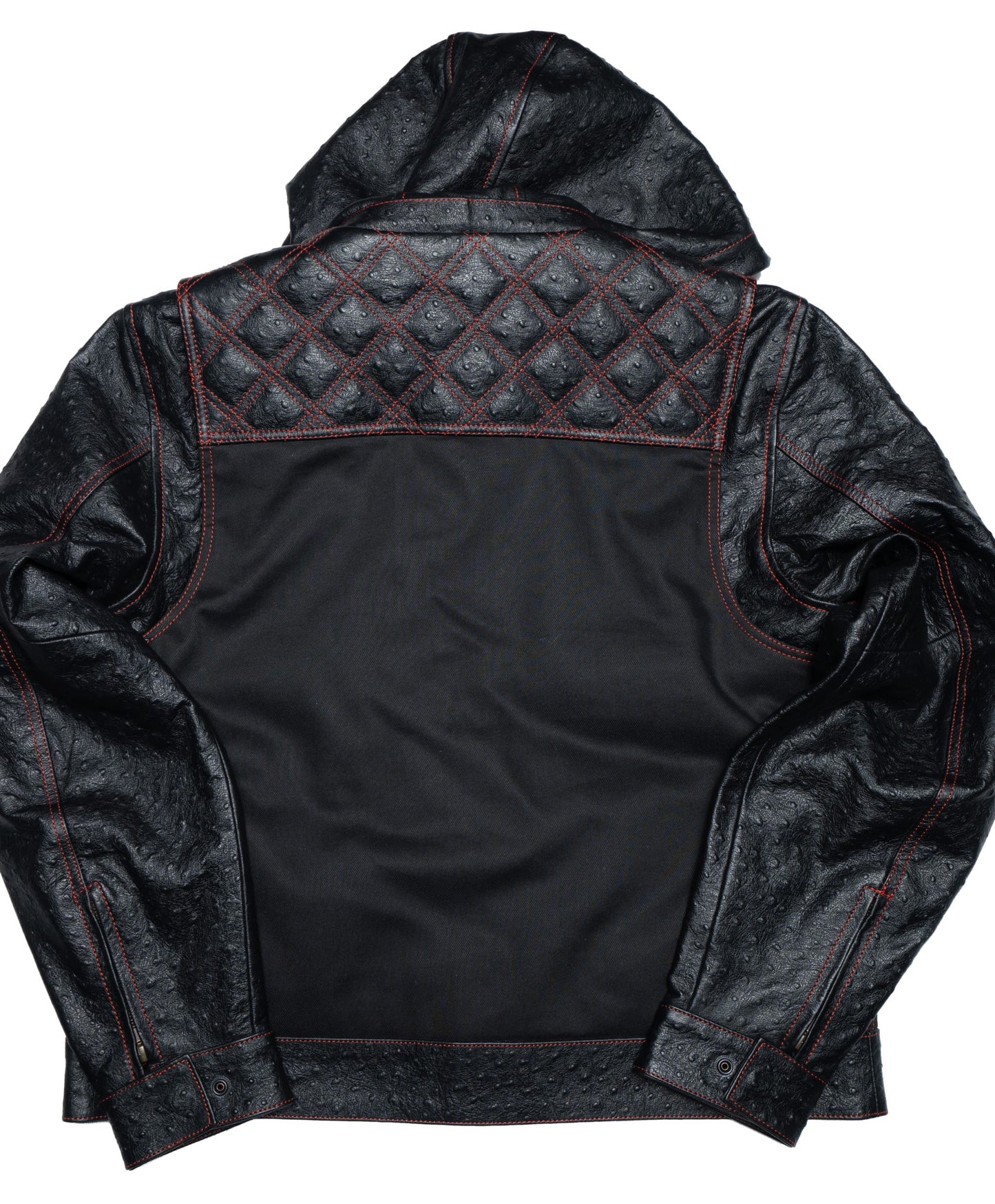 Hooded Moto Jacket - Black Ostrich Leather/Canvas