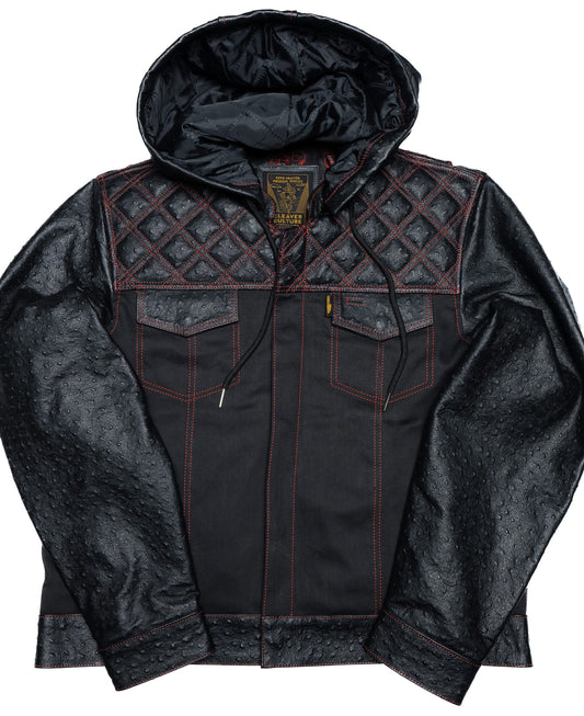 Hooded Moto Jacket - Black Ostrich Leather/Canvas