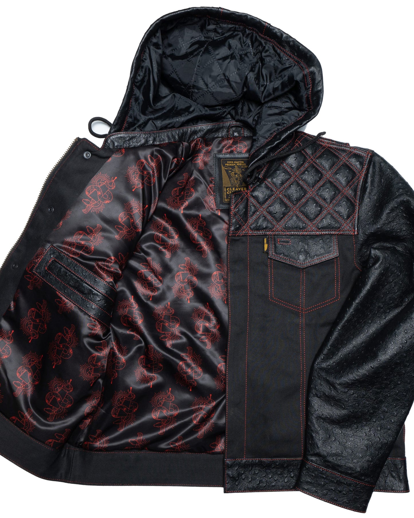 Hooded Moto Jacket - Black Ostrich Leather/Canvas