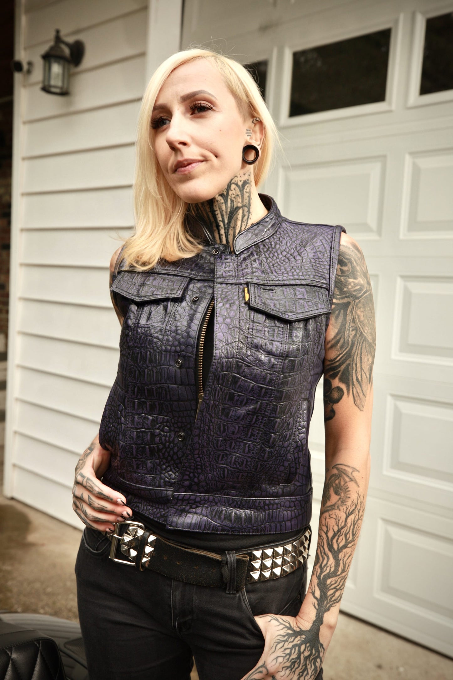 Women's Moto Vest - Purple Gator Leather