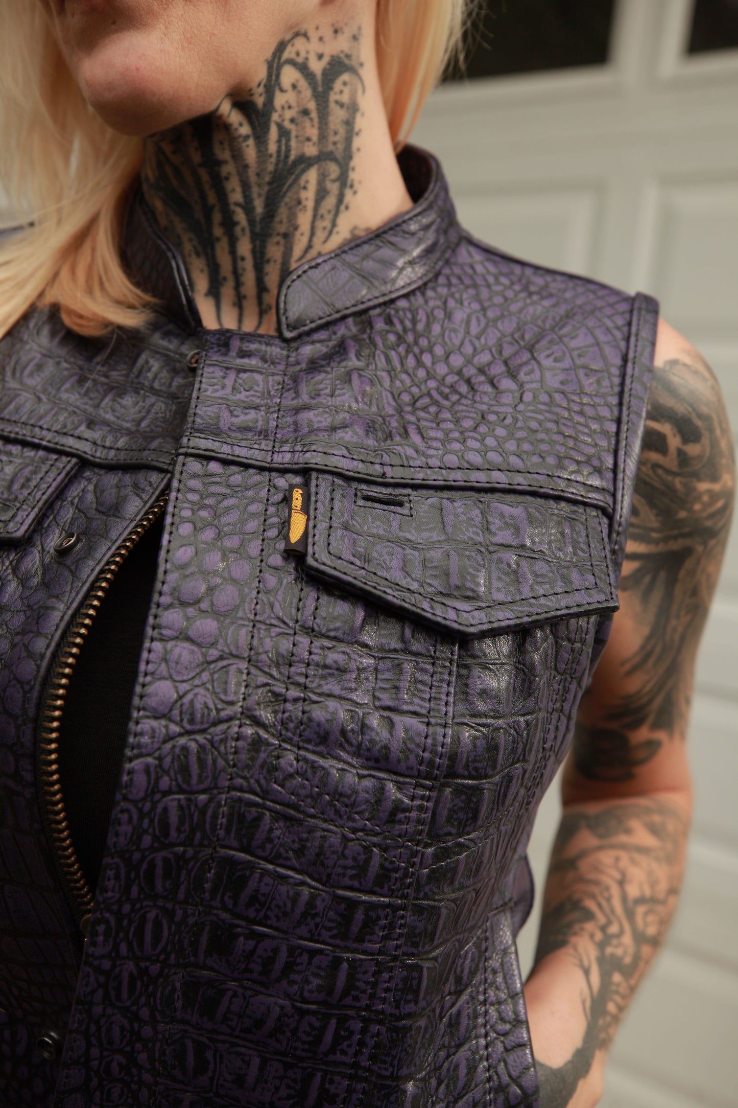 Women's Moto Vest - Purple Gator Leather