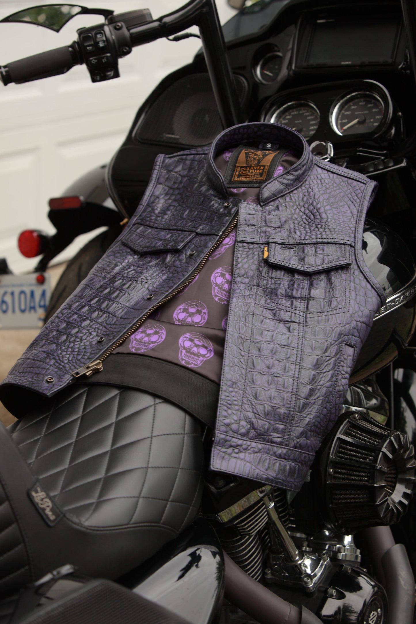 Women's Moto Vest - Purple Gator Leather