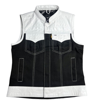 Women's Moto Vest - White Gator Leather/Black Denim