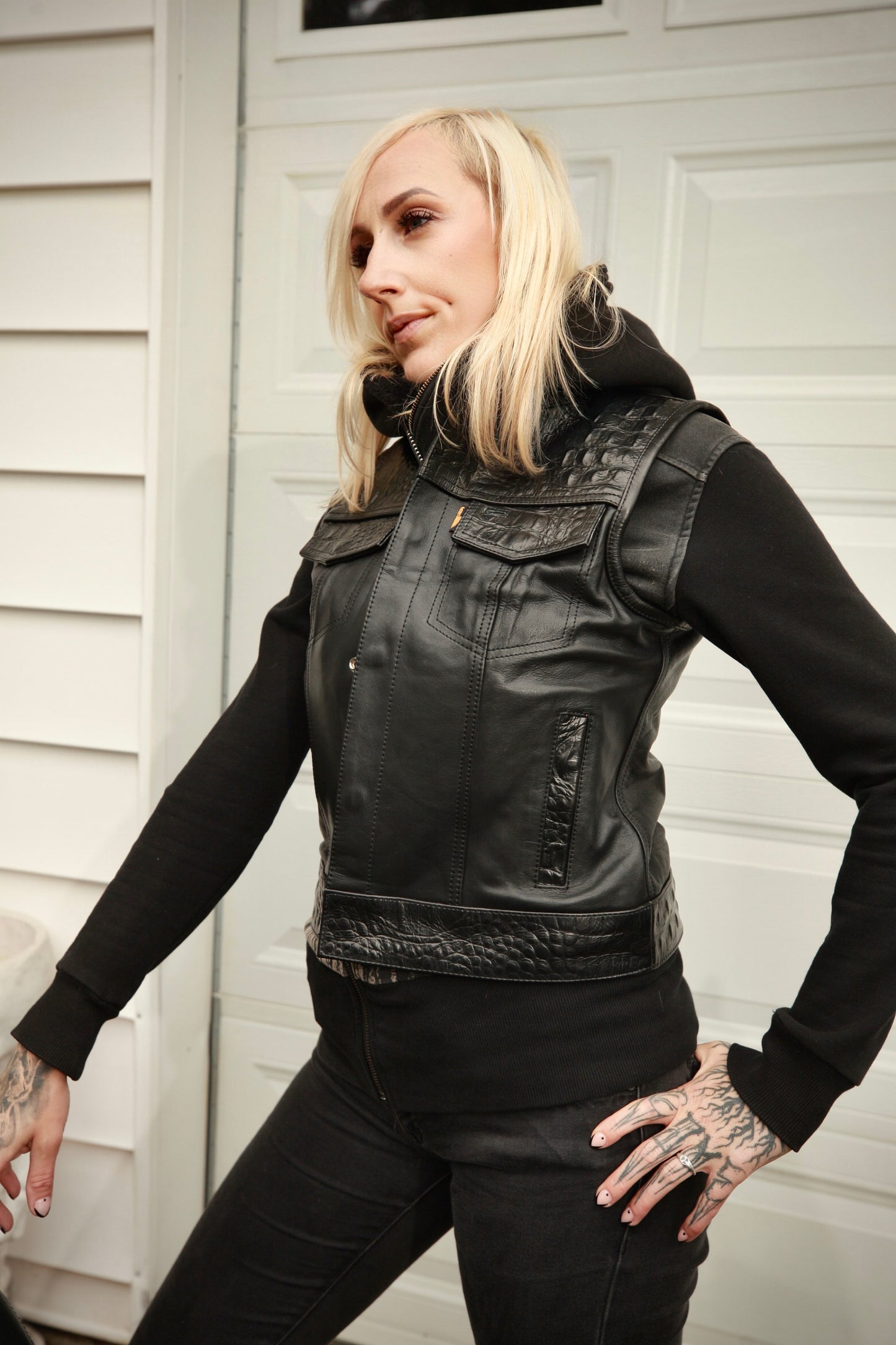 Women's Moto Vest - Black Gator Leather