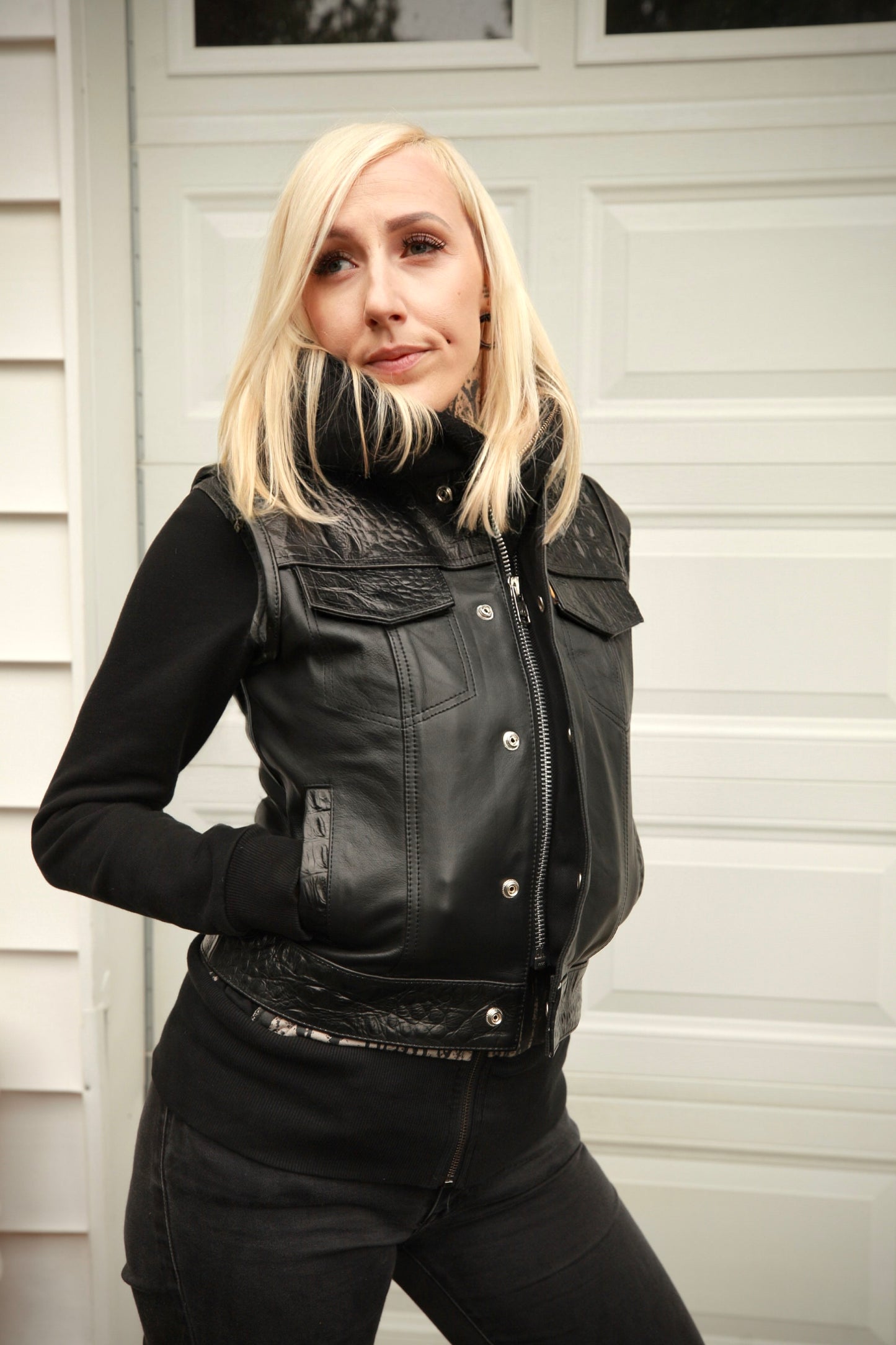 Women's Moto Vest - Black Gator Leather